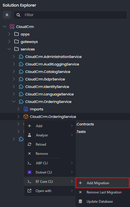 abp-studio-add-entity-framework-core-migration