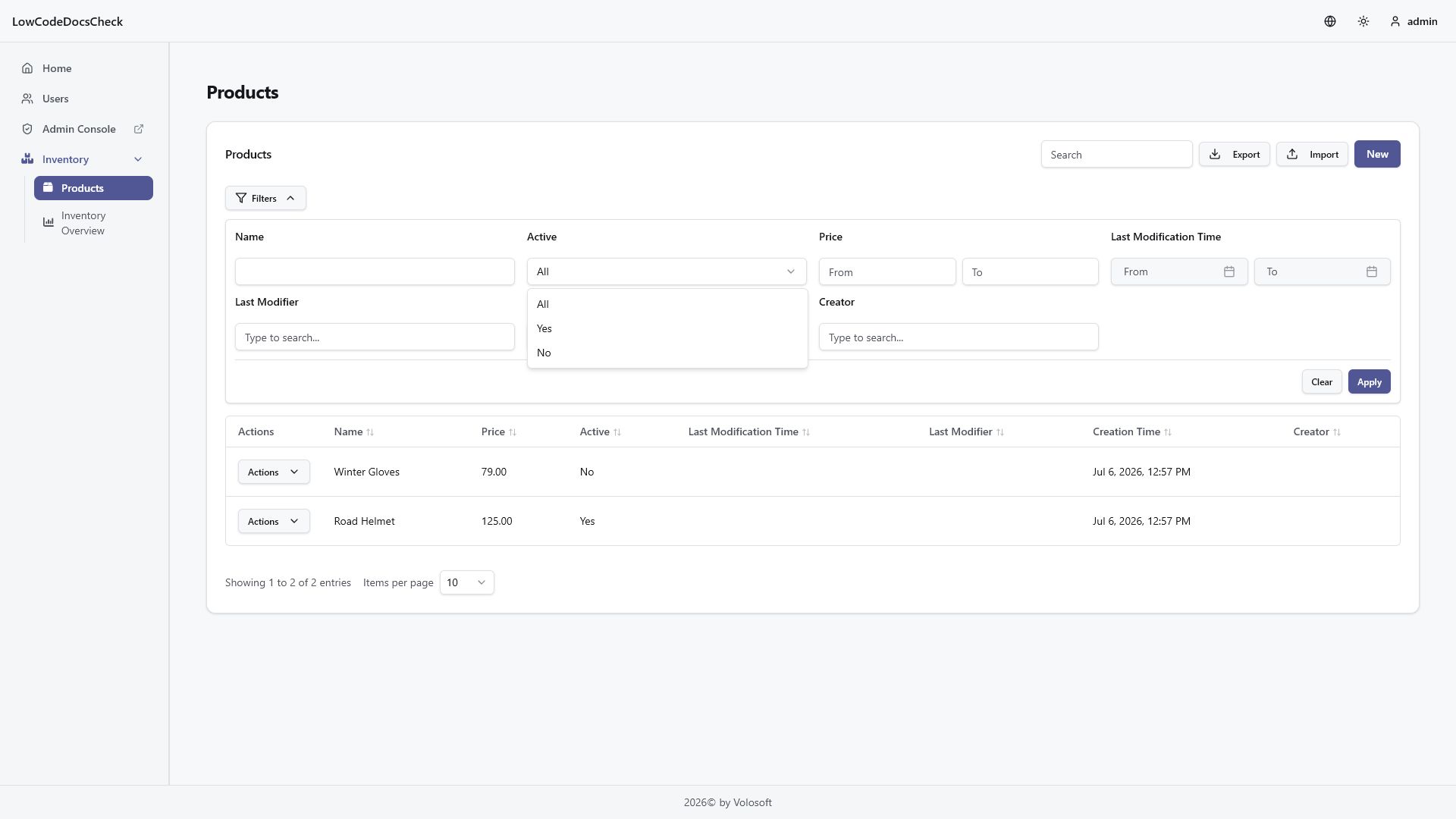 Yes/No filter options