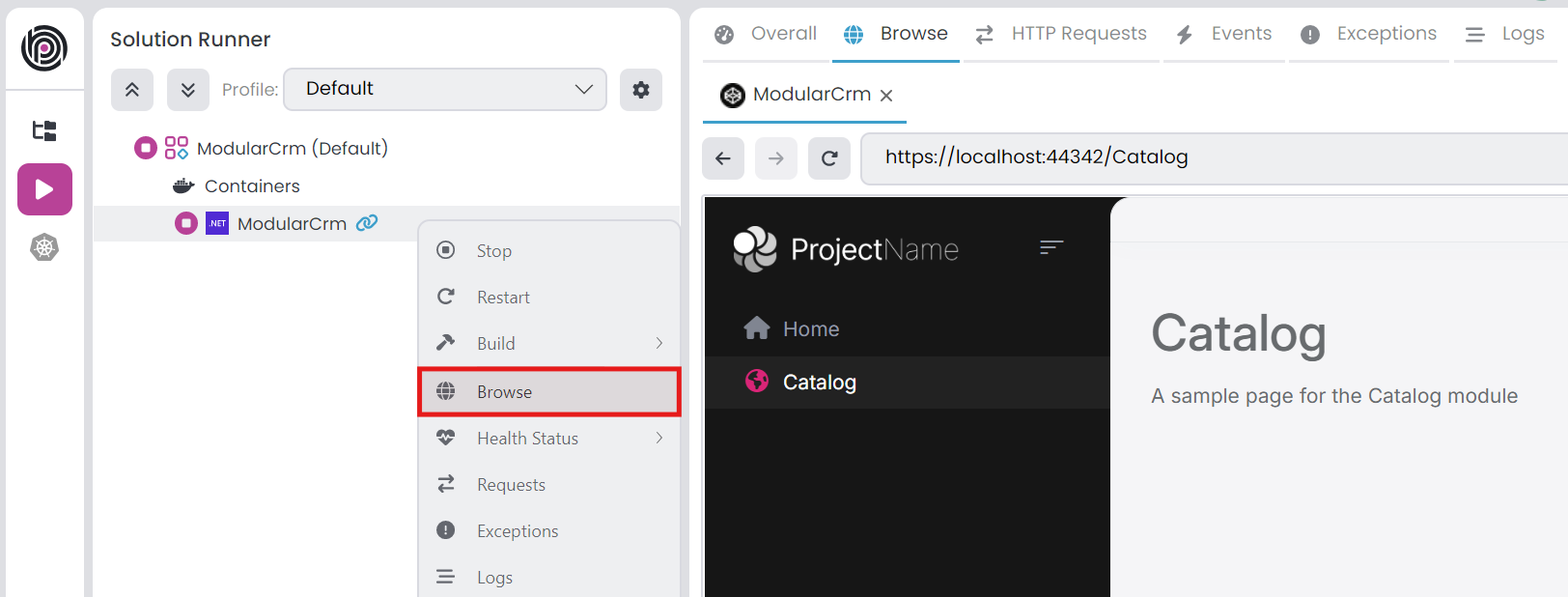 abp-studio-solution-runner-initial-catalog-page