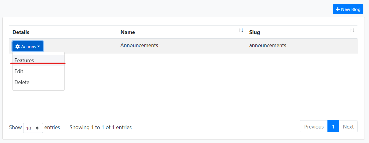 CMS Kit Blog Features in Action Menu