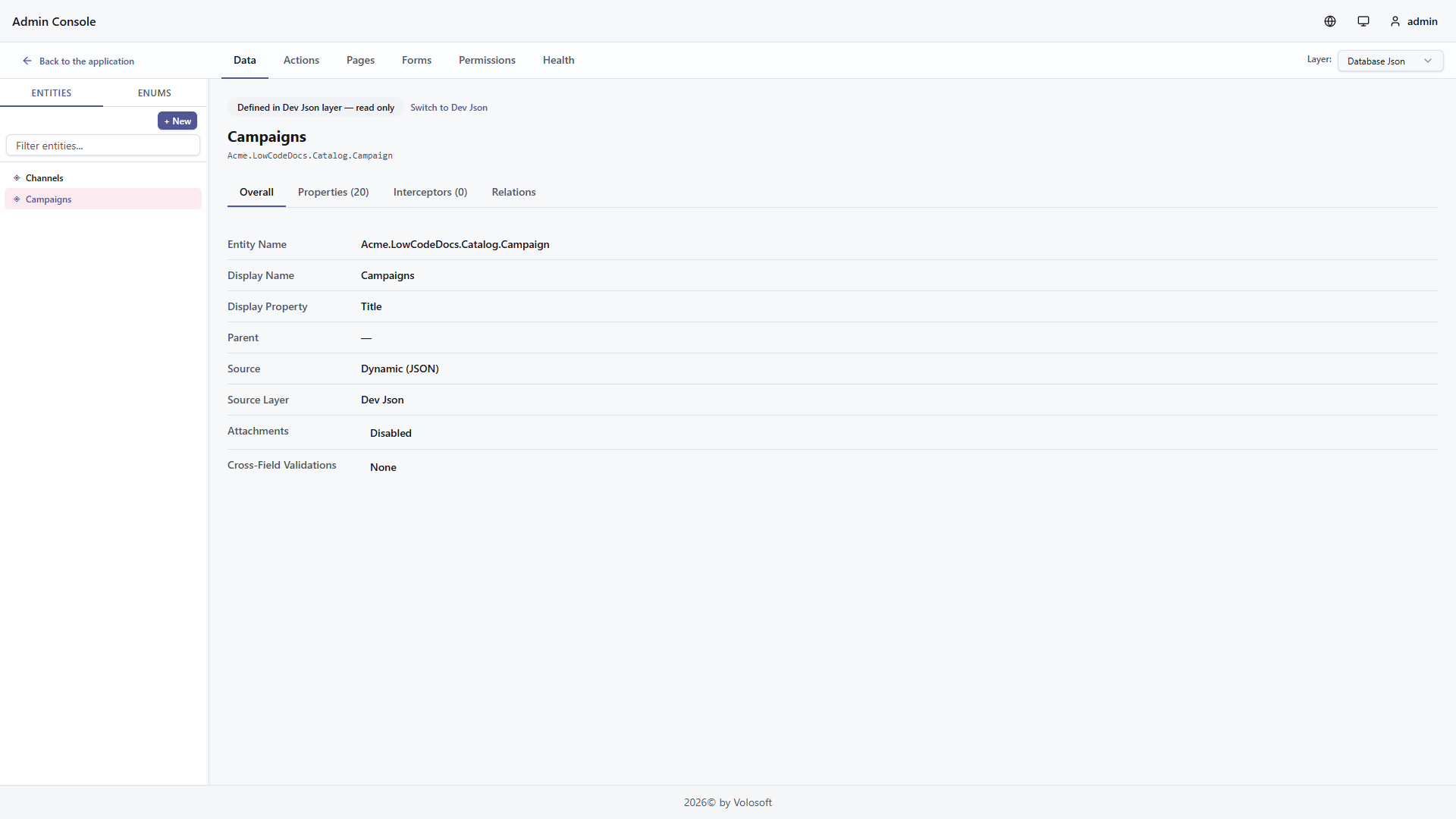 Entity summary in the designer