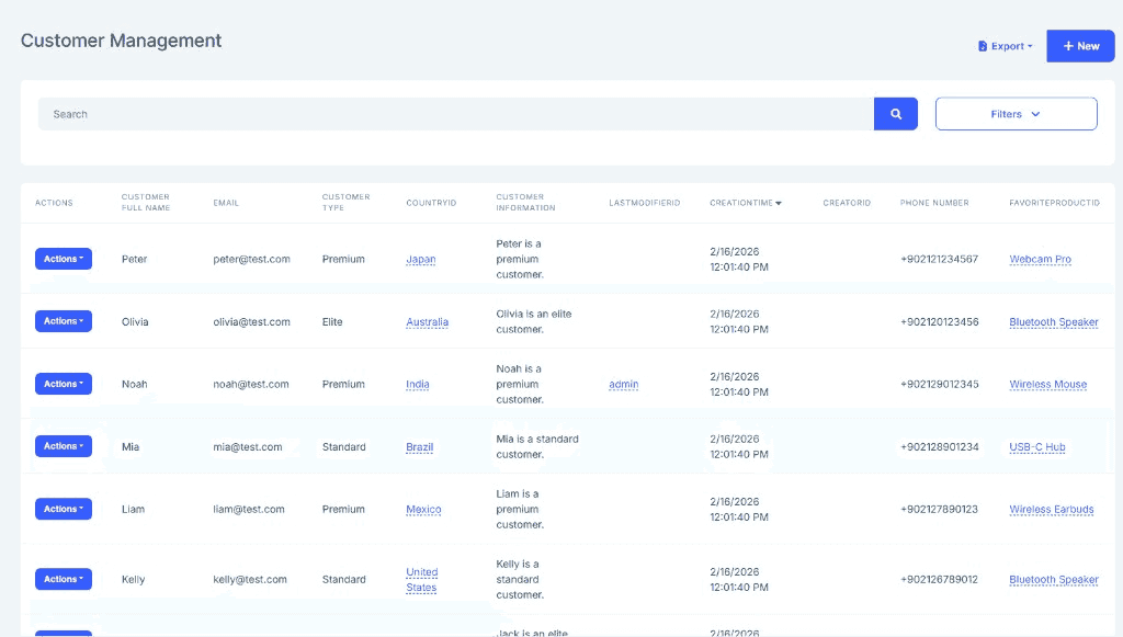 Auto-generated data grid with search, filters, and actions