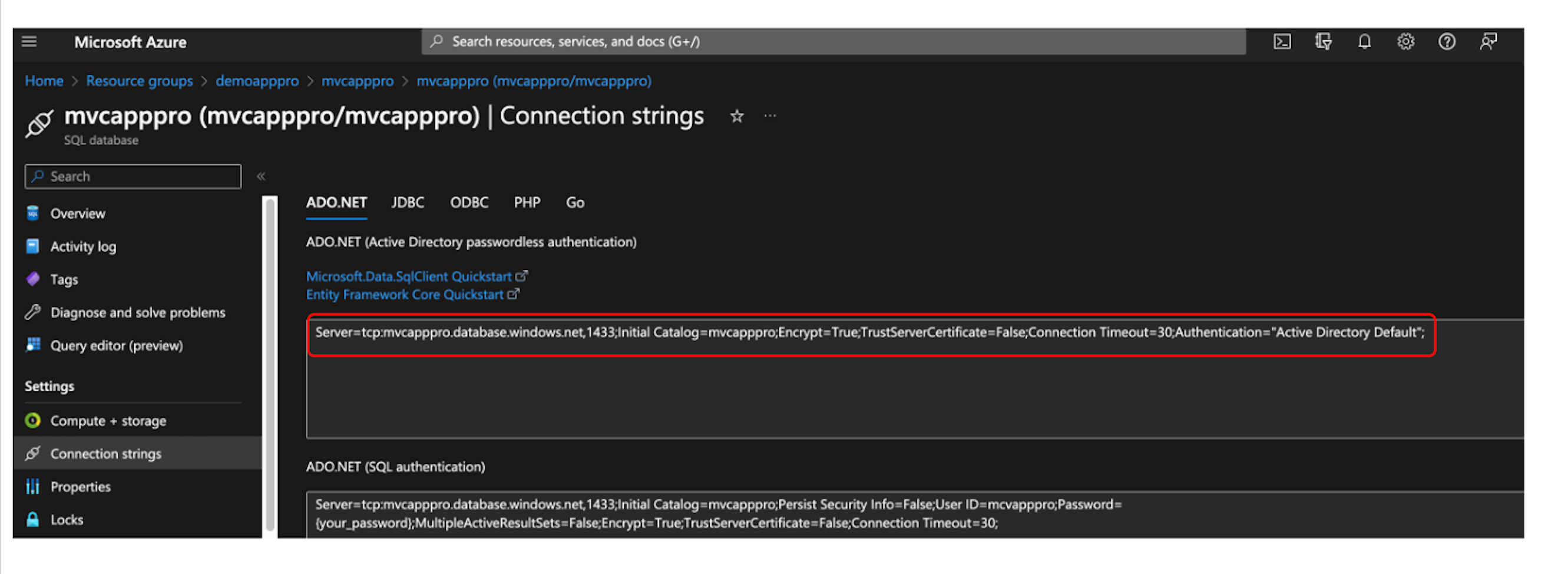 Azure sql connection string