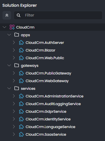 abp-studio-solution-explorer-initial-cloud-crm-microservice-solution-blazor